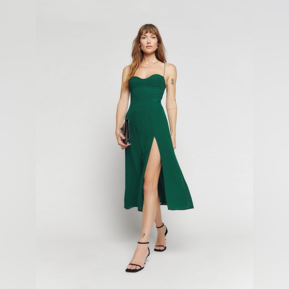 NEW Reformation Juliette Dress Classic Emerald Dark Green Side Slit US 6 UK 10 - Picture 4 of 10